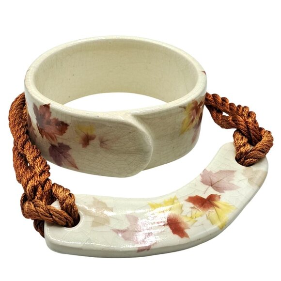 VIntage Jewelry Set Ceramic Choker Necklace & Bracelet Autumn Leaves Design - Picture 1 of 10